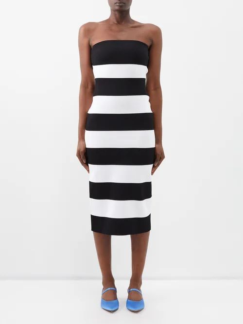 Strapless Striped-jersey Midi Dress - Womens - Black White