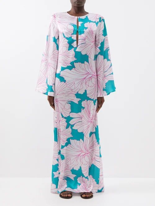 Willow Floral-print Silk Kaftan Dress - Womens - Blue White