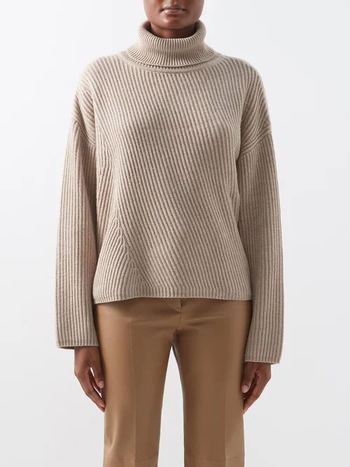 Ribbed Wool-blend Roll-neck Sweater - Womens - Light Beige