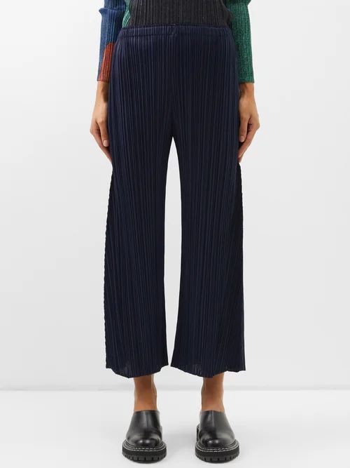 Cropped Technical-pleated Trousers - Womens - Dark Navy