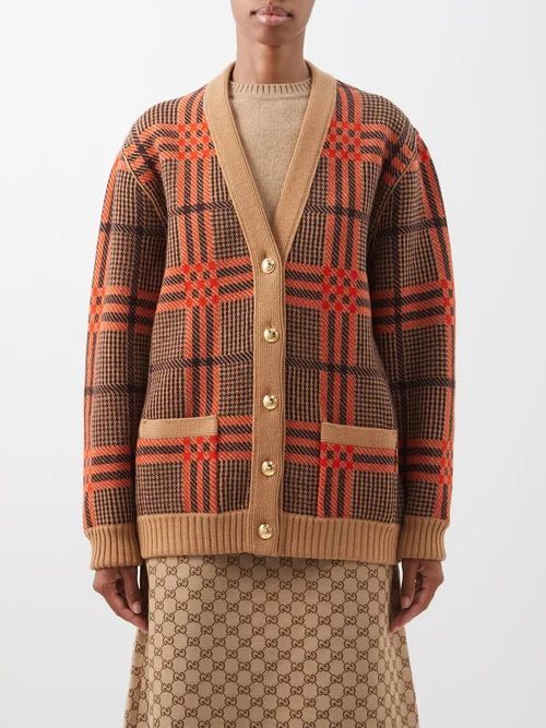 Reversible Check & Gg-jacquard Wool-blend Cardigan - Womens - Brown Multi