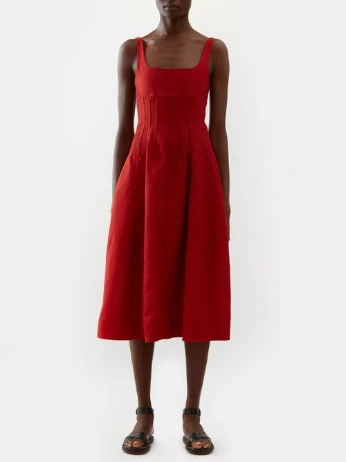 Square-neck Linen Midi Dress - Womens - Red