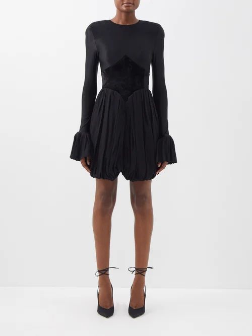 Velvet-panel Satin And Crepe Mini Dress - Womens - Black