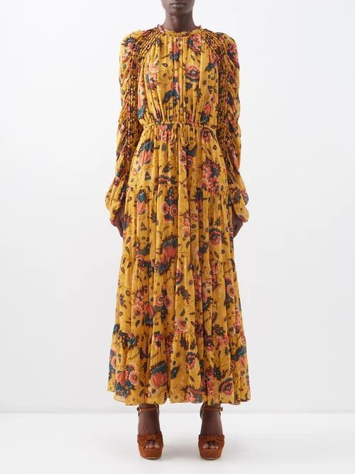 Noelle Floral-print Silk-crepe De Chine Dress - Womens - Yellow Multi