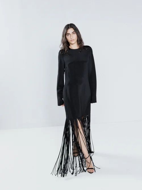 Rouleau-fringed Silk-satin Mini Dress - Womens - Black