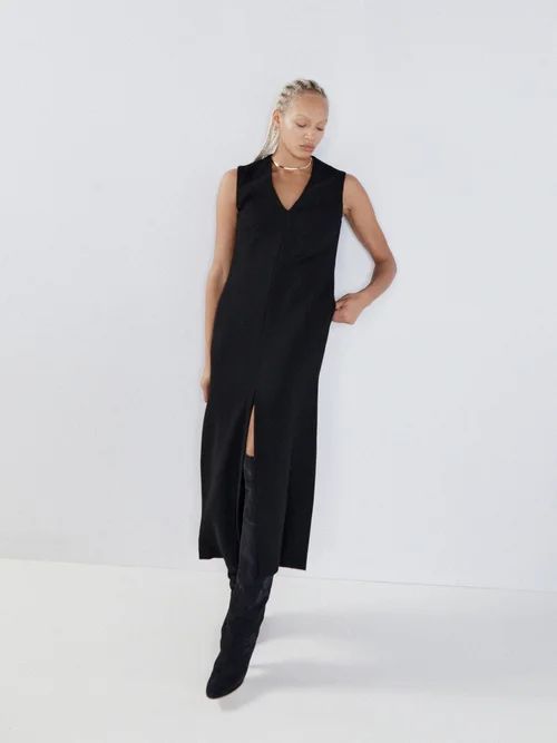 Deep V Boxy Organic Wool Crepe Shift Dress - Womens - Black