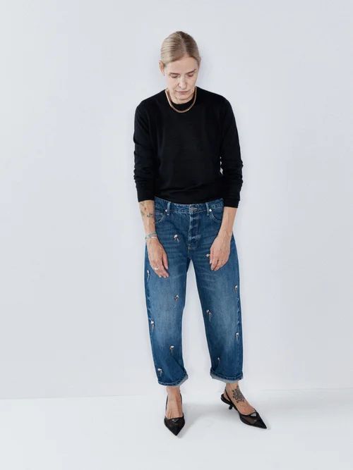 Embellished Dad Organic-cotton Boyfriend Jeans - Womens - Dark Blue