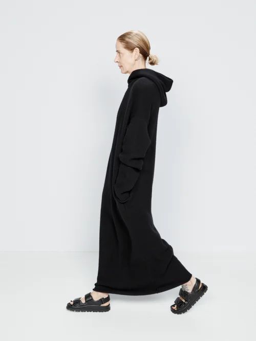 Hooded Knitted Responsible Cashmere Maxi Dress - Womens - Black