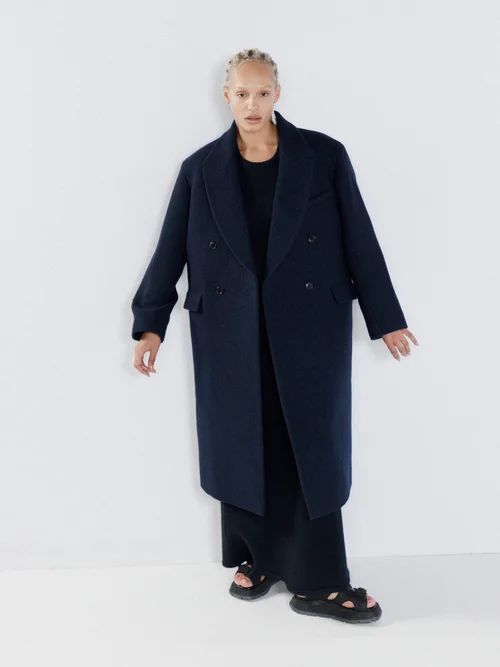 Exaggerated Shoulder Wool Overcoat - Womens - Navy