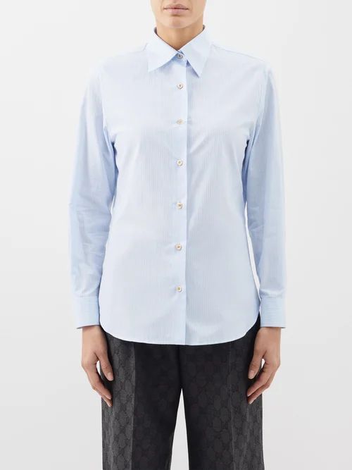 Striped Cotton-poplin Shirt - Womens - Light Blue