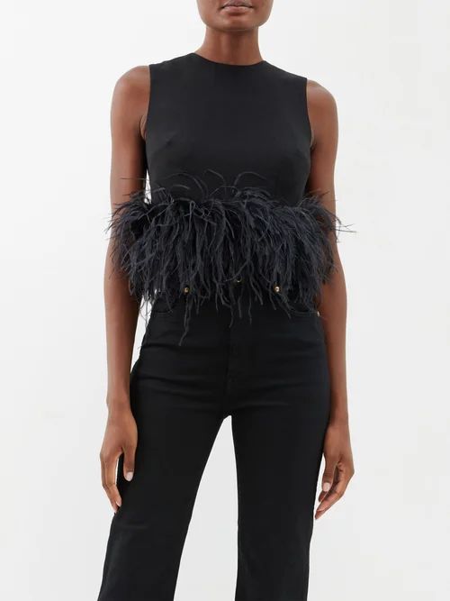 Hoku Ostrich-feather Trimmed Crop Top - Womens - Black