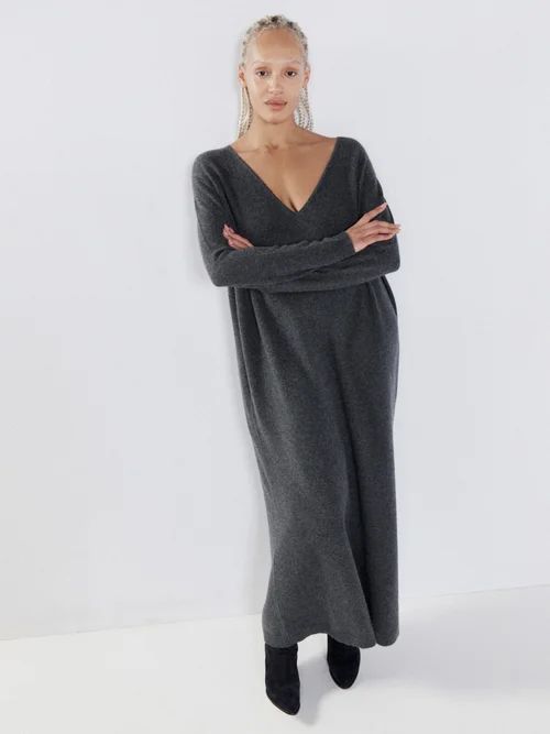 Clean V-neck Responsible Cashmere Knit Dress - Womens - Charcoal