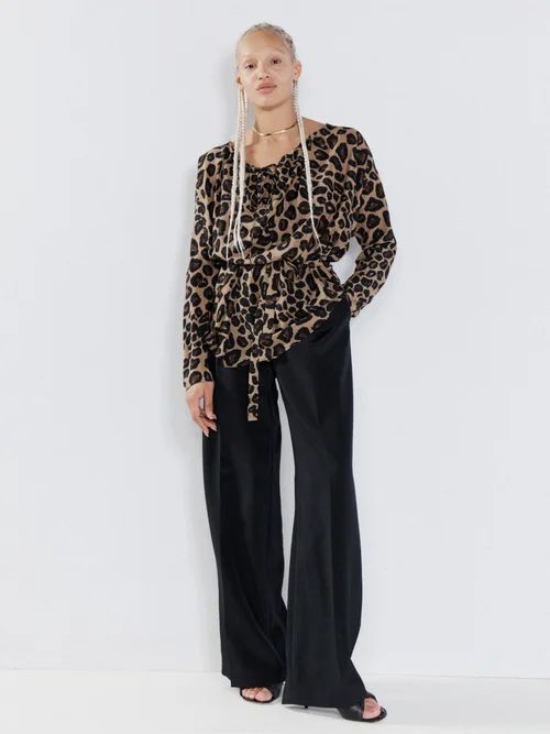 Leopard-print Drawstring-neck Draped Silk Top - Womens - Brown Print