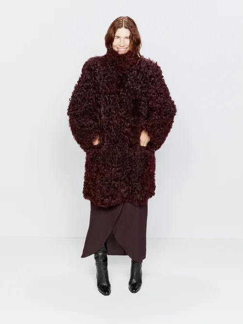 Stand-collar Curly Shearling Coat - Womens - Maroon