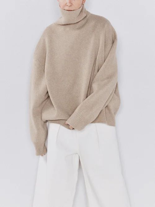 Cropped Displaced-sleeve Roll-neck Wool Sweater - Womens - Camel
