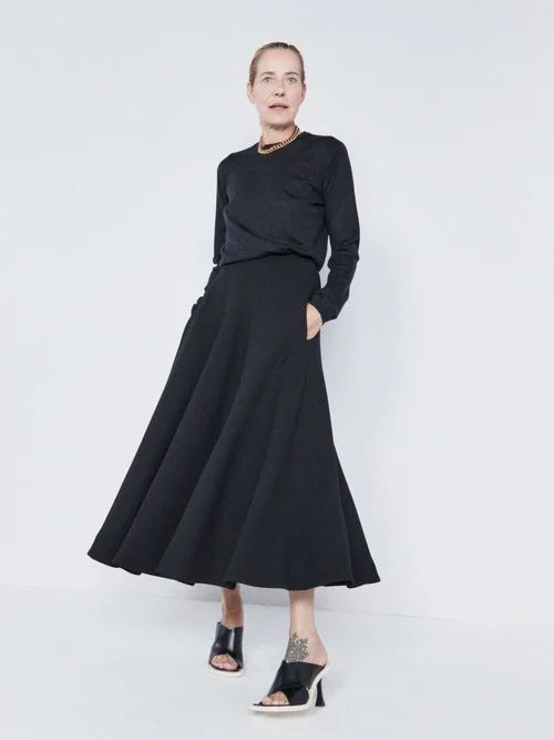 Organic Wool-crepe Circle Midi Skirt - Womens - Black