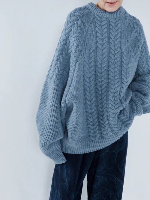 Oversized Contrast-panel Wool-blend Sweater - Womens - Blue