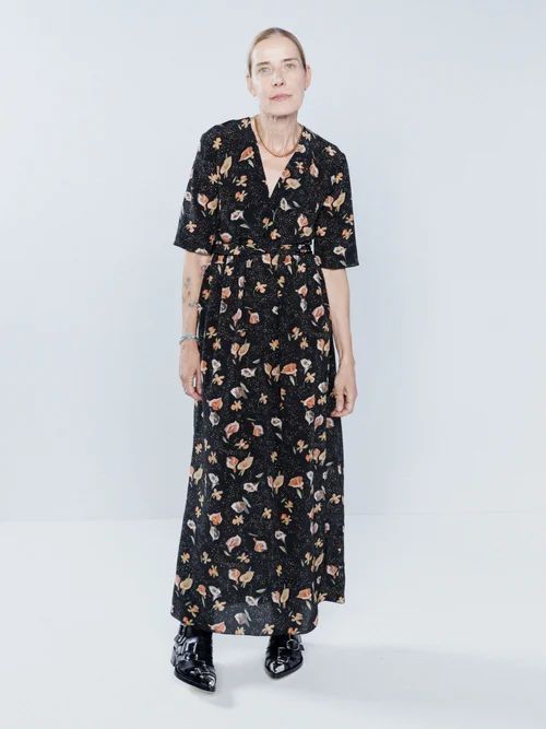 Daffodil & Lily-print Knot-front Silk Day Dress - Womens - Black Print
