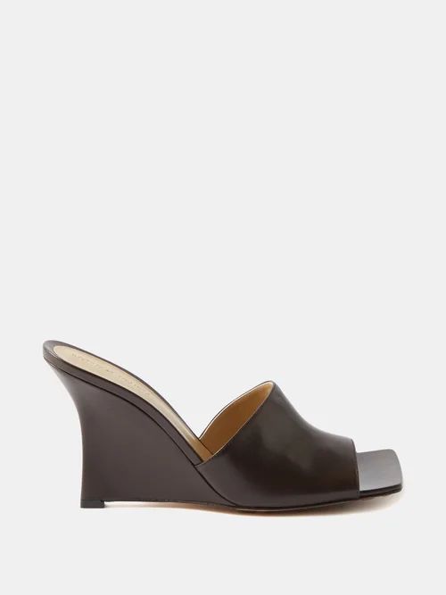Stretch Square-toe Leather Wedge Mules - Womens - Brown