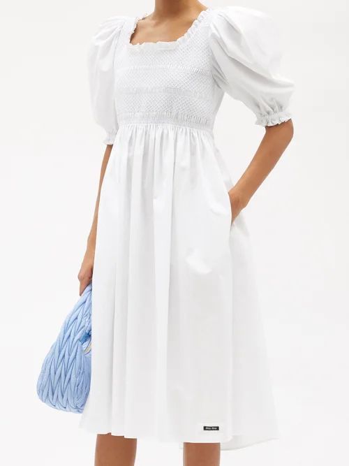 Smocked-bodice Cotton-poplin Shirt - Womens - White