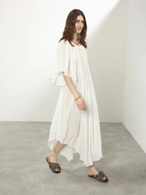Angel-sleeve Cotton Cheesecloth Dress - Womens - White
