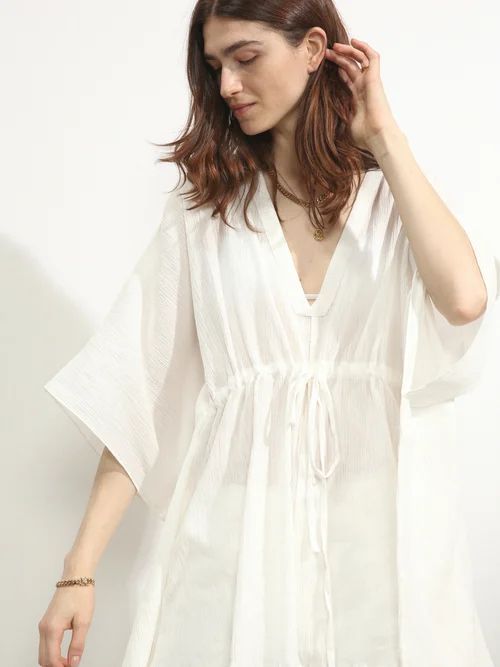 Drawstring Cotton Cheesecloth Top - Womens - White