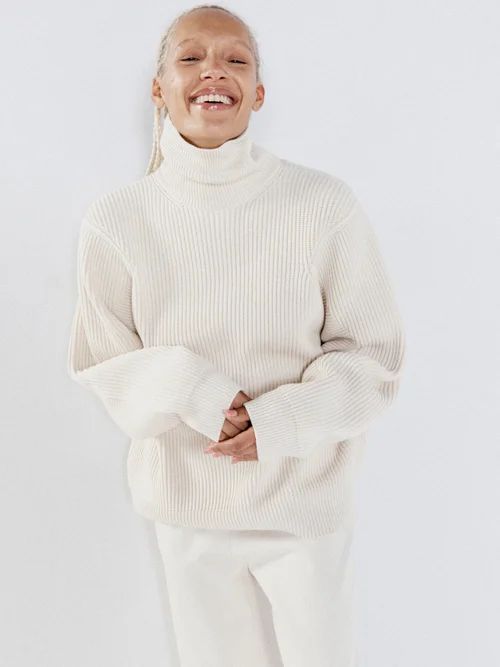 Roll-neck Ribbed Cotton And Cashmere Blend Sweater - Womens - Cream