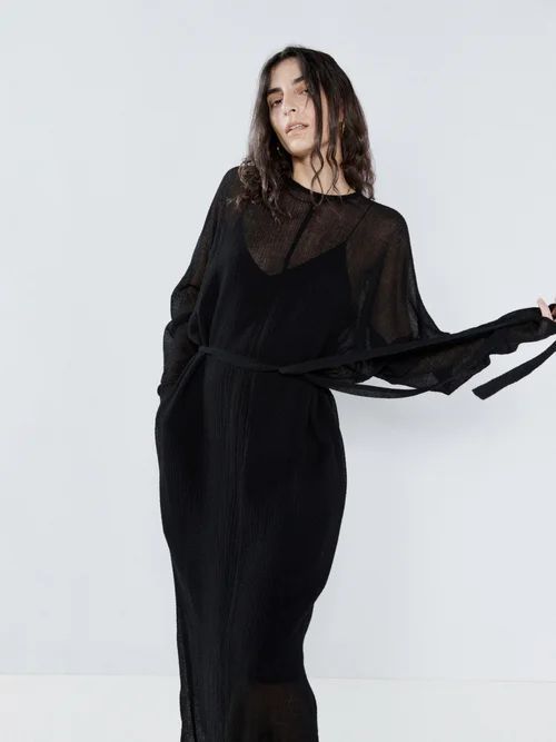 Crinkled Wool Batwing Sheer Dress - Womens - Black