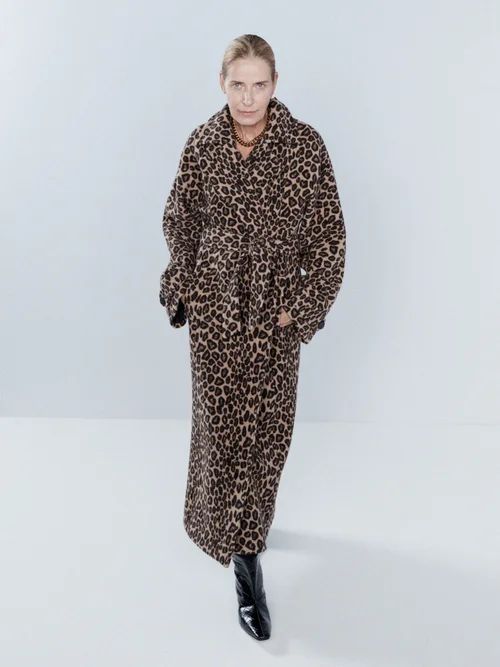 Oversized Belted Leopard Jacquard Wool Coat - Womens - Tan Multi