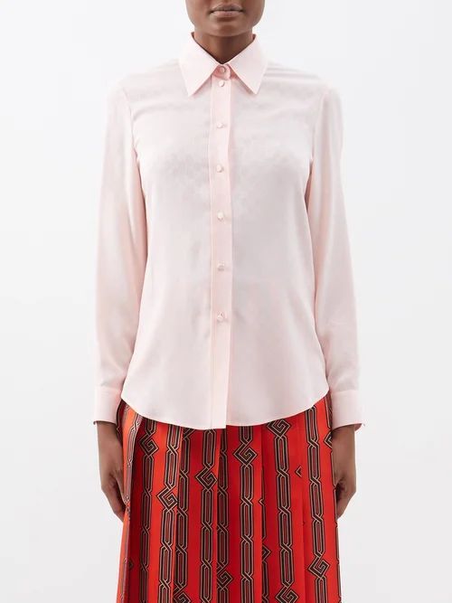GG-jacquard Silk-crepe Shirt - Womens - Light Pink