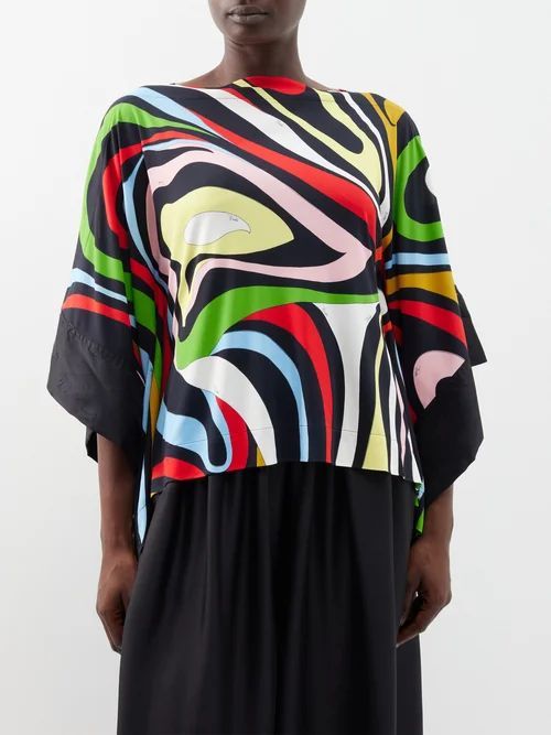 Marmo-print Silk-twill Blouse - Womens - Black Multi