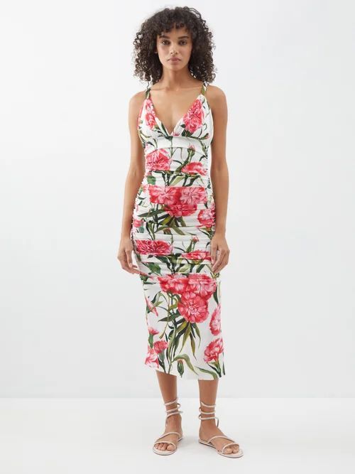 Happy Garden Carnation-print Silk-blend Midi Dress - Womens - White Print