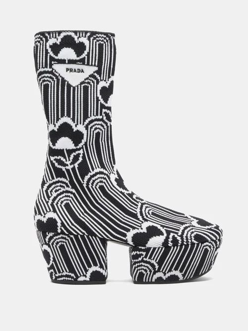 Floral-jacquard Platform Boots - Womens - Black/white
