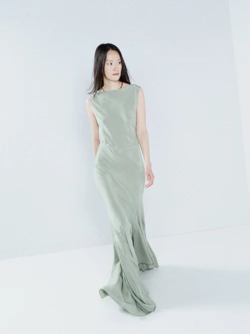 Cowl-back Seam-detail Silk Maxi Dress - Womens - Light Green