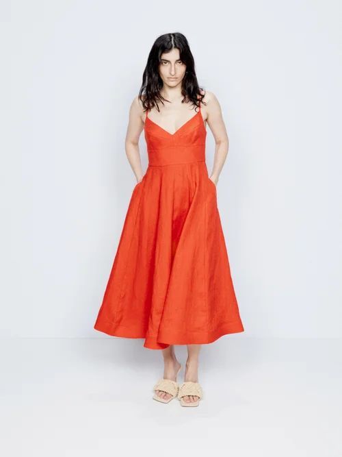 Panelled Linen Midi Dress - Womens - Red