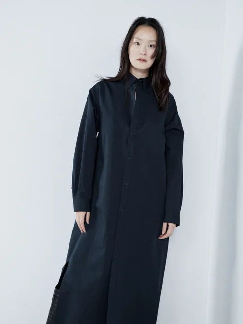 Long-line Cotton And Silk-blend Shirtdress - Womens - Dark Navy