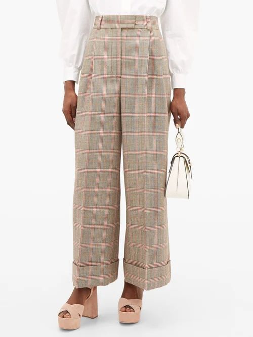 Prince Of Wales-check Wool Wide-leg Trousers - Womens - Beige Multi