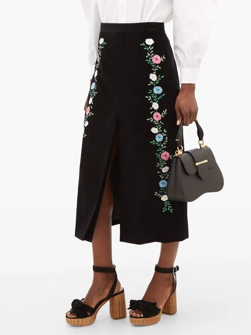 Front Slit Floral-embroidered Corduroy Skirt - Womens - Black Multi