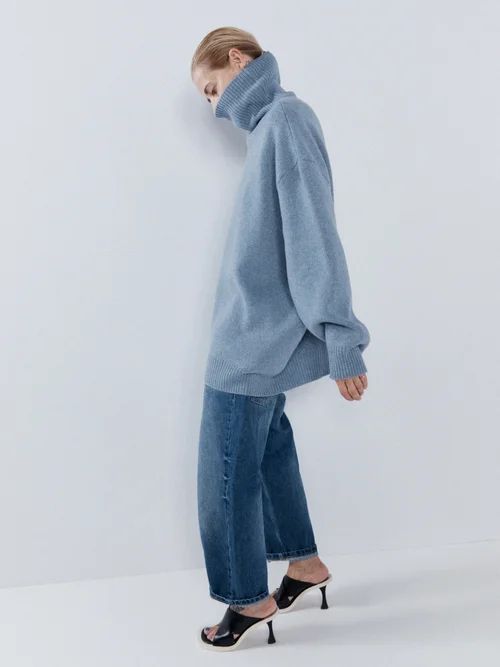Displaced-sleeve Roll-neck Wool Sweater - Womens - Blue