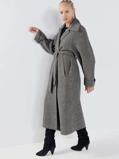 Belted Raglan-sleeve Puppytooth-wool Coat - Womens - Black Multi