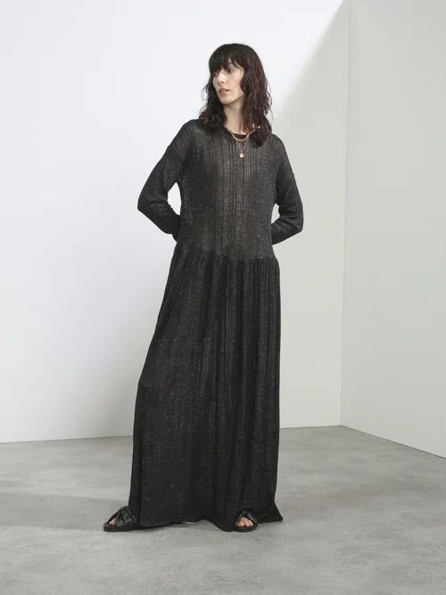 Dropped-waist Ladder Stitch Wool-blend Maxi Dress - Womens - Black