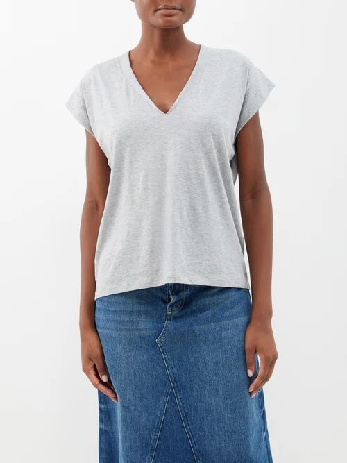 Le Mid V-neck Cotton T-shirt - Womens - Grey