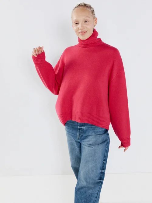 Cropped Displaced-sleeve Roll-neck Wool Sweater - Womens - Raspberry