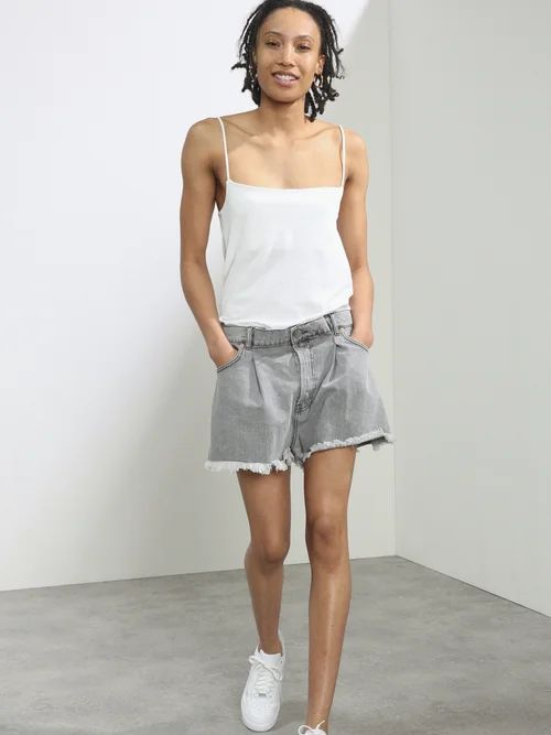 Fold Raw-hem Denim Shorts - Womens - Light Grey