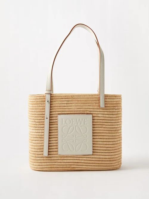 Anagram Leather-trimmed Raffia Basket Bag - Womens - Beige White