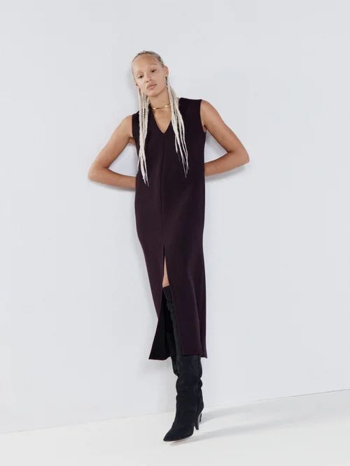 Deep V Boxy Organic Wool Crepe Shift Dress - Womens - Burgundy