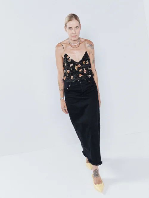 Daffodil & Lily-print Rouleau-strap Silk Cami Top - Womens - Black Print