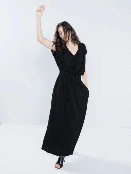 Gathered-neck Shirred-waist Maxi Dress - Womens - Black