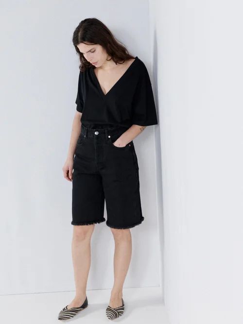 90s Longline Organic-cotton Denim Shorts - Womens - Black