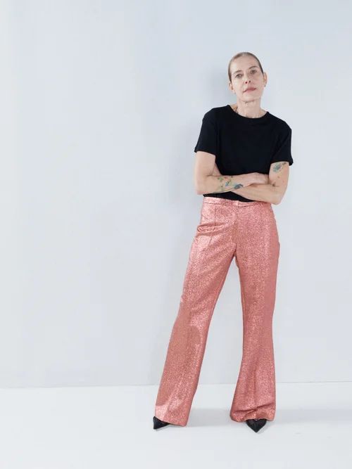 Flared Silk-blend Lurex Trousers - Womens - Pink Multi